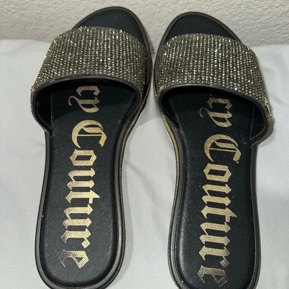 JUICY COUTURE YUMMY CRYSTAL SLIDES SANDALS FLIP FLOP BLACK GOLD size 6 - Picture 2 of 8